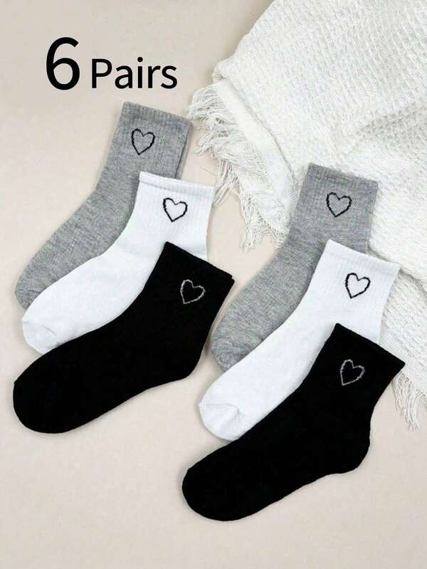 6 أزواج من الجوارب ذات نمط القلب للبنات والمراهقات باللون الأسود والأبيض والرمادي، مناسبة للربيع والخريف والشتاء، بطراز كوري/ياباني، تناسب الأحذية الكاجوال والأحذية الرياضية