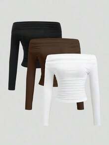 Sweetra 3 piezas Blusas de hombros descubiertos de manga larga, cortas y ajustadas para mujer, cómodas y de piel amigable, versátiles - Negro, caqui y marrón - Ver 8