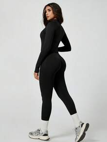 NcmRyu 1 Set Women Seamless Ribbed Zip Mock Neck Long Sleeve High Waist Skinny Pants Activewear Set - 黑色 - 查看 11