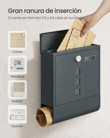SONGMICS BuzÓn, BuzÓn de Correos, Cerradura con Cilindro de Cobre y Tapa Giratoria, Placa de IdentificaciÓn, Porta-PeriÓdicos, FÁcil Montaje, 10 x 30,8 x 33,8 cm, Gris Antracita - Gris Oscuro - Ver 3