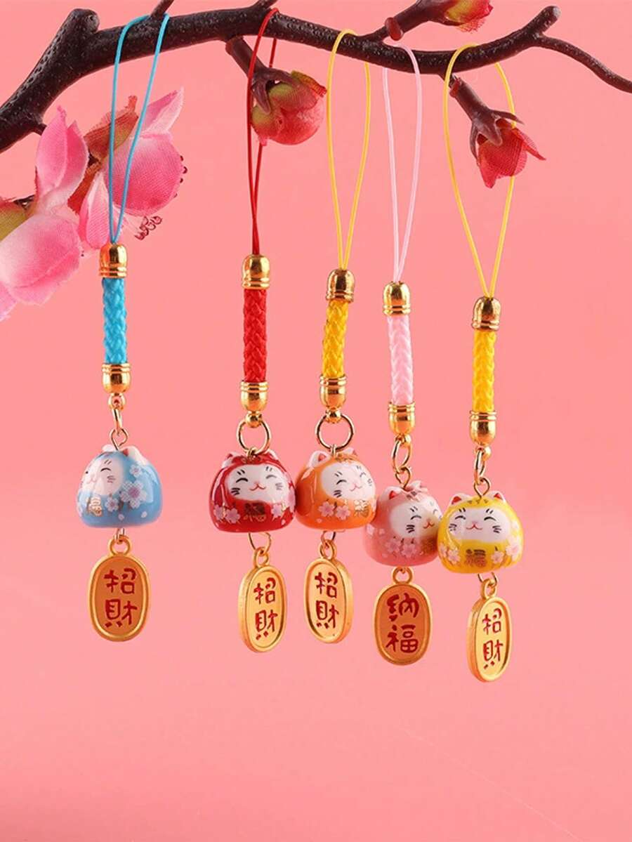 Pingente de Gato da Sorte Cerâmico, Cordão DIY para Celular, Pingente de Gato da Sorte para Celular, Enfeite de Bolsa, Suporte para Pen Drive