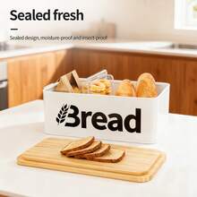 复古金属面包盒 - 厨房收纳佳品，配有竹制密封盖，厨房储物容器，耐用翻盖式食品储藏柜，面包收纳盒 - 彩色 - 查看 3