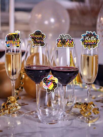 12/24PCS New Year's Party Wine Glass Decoration Card - Festive, Colorful Paper Cutouts, Create A Party Atmosphere, No Electricity, Perfect For New Year's Eve Celebrations, Party Decoration ,Holiday Design,Wine Glass Mark