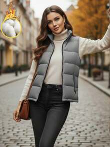 女士羽绒背心无袖拉链外套，秋冬季休闲叠穿外套 - 淺灰色 - 查看 3