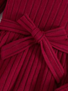 Vestido de niña con mangas de caperuza, textura acanalada y cuentas - Rojo - Ver 5