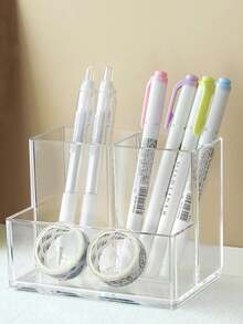 1pc Acrylic Transparent 3-Compartment Pen Holder, Desk Organizer Box, Suitable For Cosmetics And Stationery, Minimalist Multi-Function Desktop Storage - Multicolor - View 5