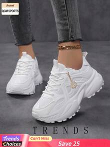 时尚厚底女式运动鞋，撞色圆头皮革系带运动鞋，轻便透气运动鞋，防滑耐穿户外网球鞋，厚底鞋，白色运动鞋，舒适休闲女鞋 - 白色 - 查看 10