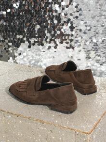 女士棕色乐福鞋，时尚方头流苏低跟鞋，休闲舒适通勤百搭高跟鞋 - 棕色 - 查看 6