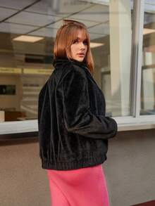 Women's Solid Daily Casual Zip Up Drop Shoulder Loose Fit Flannel Bomber Jacket Fuzzy Coat - Black - View 3