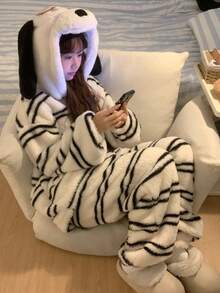 Thick Women's Winter Coral Fleece Top And Pants With A Fluffy, Brushed Lining. Soft Pajamas For Women. Long-Sleeved Loungewear. Warm And Cute. Perfect For Fall And Winter. - Striped Dog Suit - View 2