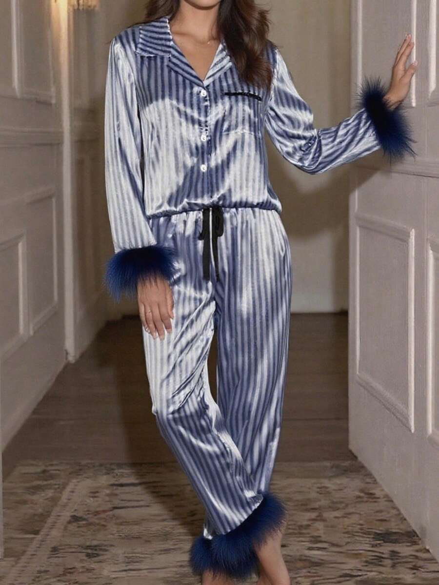 Satin Silk Pajama Set For Women Fall 2 Piece Striped Lounge Set Fuzzy Trim Long Sleeve Button Up T Shirt With Drawstring Elastic Waist Wide Leg Pants Matching Sleepwear Loungewear Set - Màu xanh lam - Xem 1