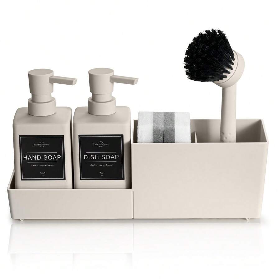 Kitchen Soap Dispenser Set With Sponge Holder And Brush For Sink Rack Hand Soap And Dish Soap Dispensers Beige - Beige - View 1