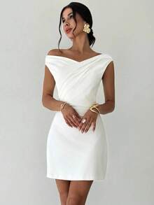 2025 Autumn And Winter New Irregular Cross-Neck Splicing Sleeveless Double-Layer Slim-Fit Dress - 白色 - 查看 5