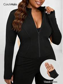 Plus Size Slim Fit Curvy Sports Jacket, Black Thumb Hole Ultra Breathable Full Zip Up Stand Collar Fitted Figure-Flattering Non-Restricting Workout Coat, Fall Winter Gym Running Daily Casual