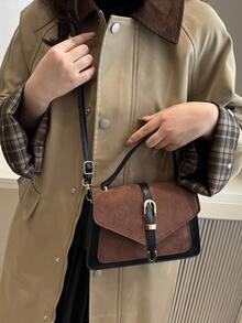 Solid Color Deer Skin Suede Simple Flap Square Bag, Suitable For Students, Campus, Street, Minimalist Fashion Handbag - Brown - View 4