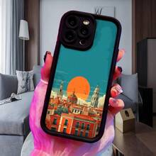 Fundas de teléfono transparentes y modernas,Cubierta de teléfono con diseño de ciudad al atardecer color turquesa con edificios históricos y sol naranja ideal para uso diario en interiores y exteriores Aplicable a teléfonos Apple y Galaxy - Blanco - Ver 4