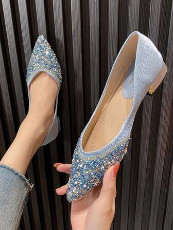 Rhinestone Bow Square Toe Chunky Heel Soft Bottom Flats For Women, Shiny, Elegant, Comfortable, Suitable For Bridesmaids, Versatile