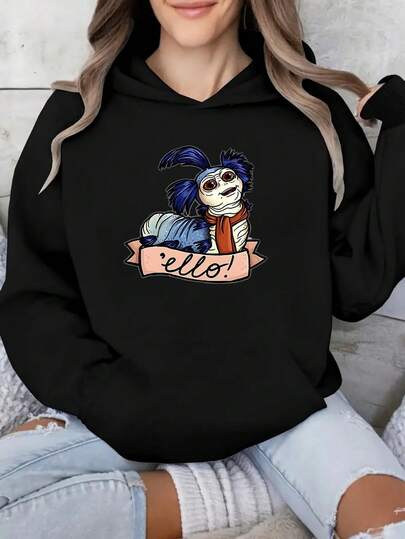 Cartoon Print Graphic Pocket Hoodie Casual Long Sleeve Hooded Sweatshirt Fleece