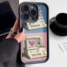Funda para teléfono con diseño de computadora retro y corazón rosa color azul y rosa para uso diario y trabajo - Negro - Ver 2