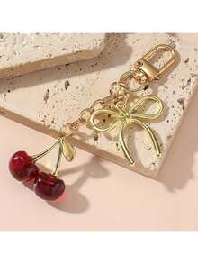 1个女士新款樱桃蝴蝶结金属钥匙扣，时尚蝴蝶结配饰，简约ins风包包挂饰 - 彩色 - 查看 3
