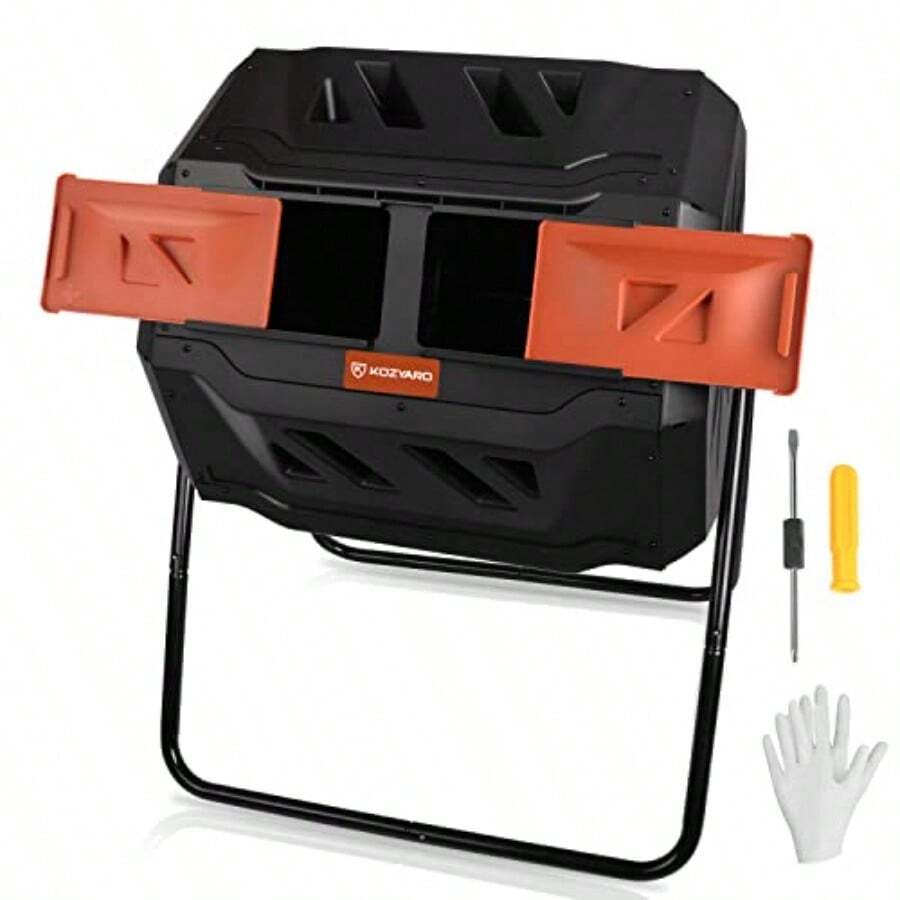 KOZYARD 160L Garden Composting Tumbler Dual Chamber Compost Bin Rotating Recycle Waste Garden Outdoor High Volume Composter Fast Composting 360 Degree Rotating W 2 Sliding Doors - Black - View 1