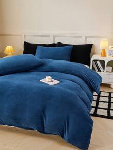 2/3pcs Navy Blue Warm Velvet Plush Comforter Set (Comforter Not Included), Breathable Super Soft, Suitable For All Seasons (1pc Comforter Cover + 1/2pcs Pillowcase, Pillow Not Included), Soft Dual-Color Design, Ideal For Bedroom, Guest Room, Dorm. 1pc Comforter Cover + 1/2pcs Pillowcase (Comforter Not Included), Machine Washable, Size Options: Super King, King, Standard Double, Single, Dorm, Back To School. Velvet Flannel - Navy Blue - View 5