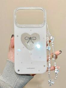 奢华可爱3D闪亮蝴蝶结爱心格子亮片透明手机壳，兼容17/16/15/14/13/11/12 Pro Max/16/15/14 Plus，搭配时尚甜美3D蝴蝶腕带，防震保护后盖 - 白色 - 查看 3