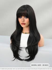 NICKY WALL 24inch Long Wavy Black Wigs For Women,Elegant Wave Curly Wigs With Nature Full Bangs,High Quality Soft Synthetic Fiber Wigs For Women Daily Wear, Festival Ready Party Use, Graduation Gift - Beginners Glueless Wig Accessories - 黑色 - 查看 3
