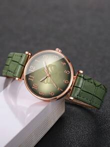 1pc Women's Gift Watch, Classic Fashion Leaf Numeral Dial, Elegant Quartz Wristwatch (1pc/Set), Watch Box Not Included - Green - View 5