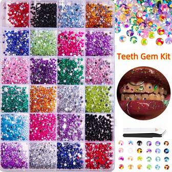 33件套闪亮几何图案牙齿饰品套装，Y2K可爱几何超闪亮圆形钻石牙齿装饰，DIY高级人造水晶宝石牙齿配件，适合日常、派对、节日、男女通用（不含胶水，带包装盒）