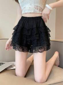 Womens Layered Ruffle Shorts Casual Elastic Waist Solid Color Lace Bloomers Lolita Clothes - 黑色 - 查看 9