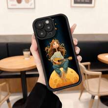 Cubierta de teléfono con diseño de chica tocando guitarra sobre la luna color negro estampado de chica con guitarra y luna para uso diario en cafeterías Aplicable a los teléfonos de la serie Apple y Galaxy - Café integral - Ver 1