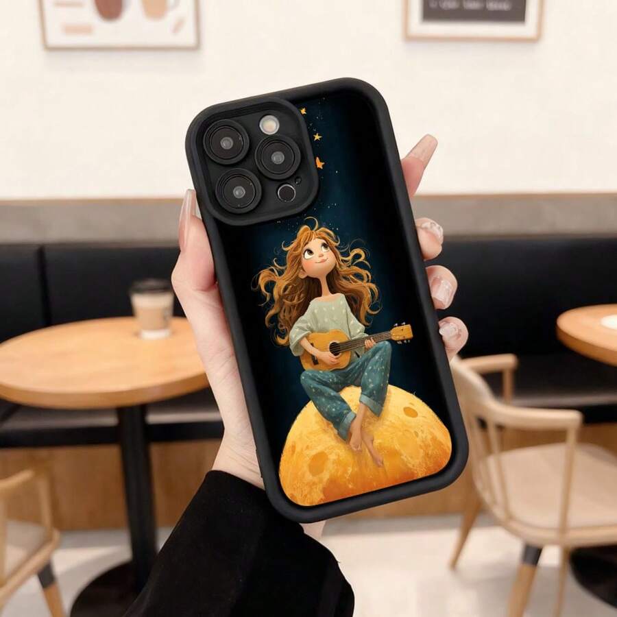 Cubierta de teléfono con diseño de chica tocando guitarra sobre la luna color negro estampado de chica con guitarra y luna para uso diario en cafeterías Aplicable a los teléfonos de la serie Apple y Galaxy - Café integral - Ver 1