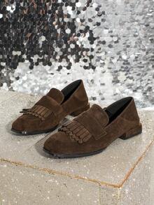 女士棕色乐福鞋，时尚方头流苏低跟鞋，休闲舒适通勤百搭高跟鞋 - 棕色 - 查看 5