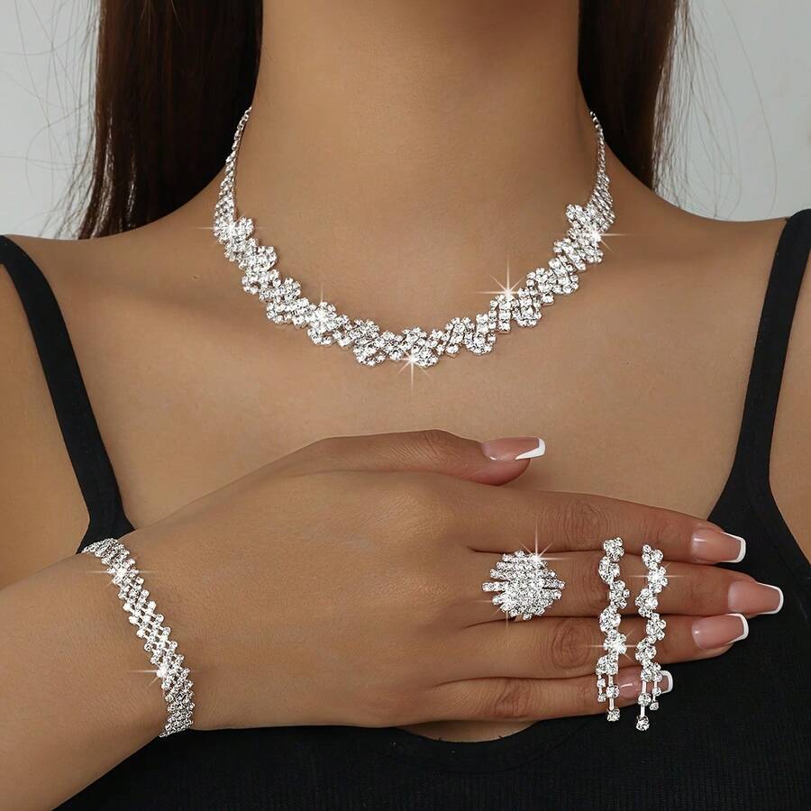 1pc Necklace, 1pc Ring, 1 Pair Earrings, 1pc Bracelet, Fashionable Luxury Jewelry Set With Asymmetrical Sparkling Rhinestone Necklace, Bracelet, Earrings, Ring - Silver - View 1