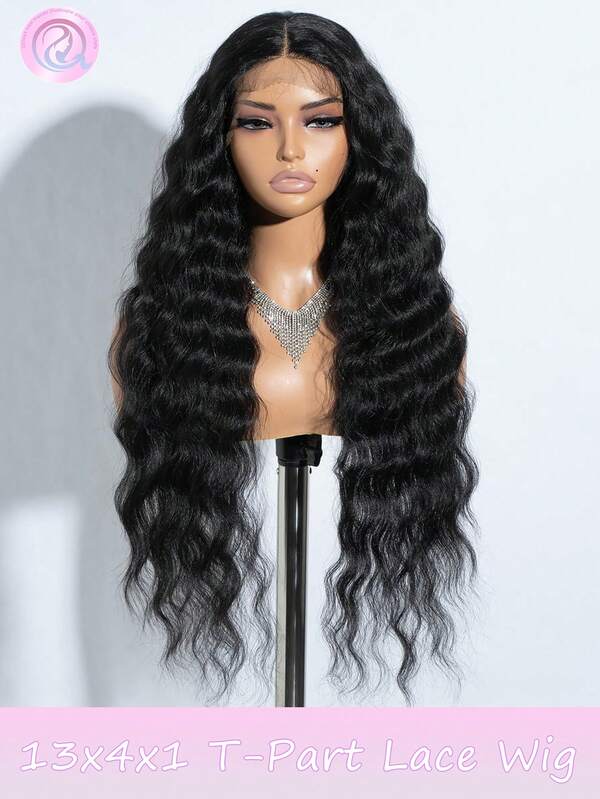 Perruque bouclée noire synthétique résistante à la chaleur de 32 pouces de long avec frontale en dentelle T-Part 13*4*1, ligne de cheveux pré-épilée, de haute qualité, aspect naturel, douce et facile à utiliser pour les débutants, idéale pour les costumes de Noël