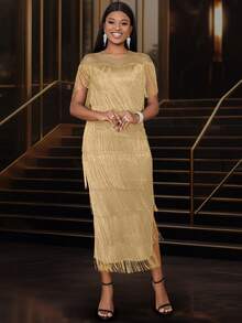 Gaun Wanita Lengan Pendek Bahan Jala Transparan dengan Rumbai, Cocok untuk Pesta, Resepsi, Kencan, Ulang Tahun, Pakaian Musim Semi yang Elegan di Musim Panas. - Khaki - View 4