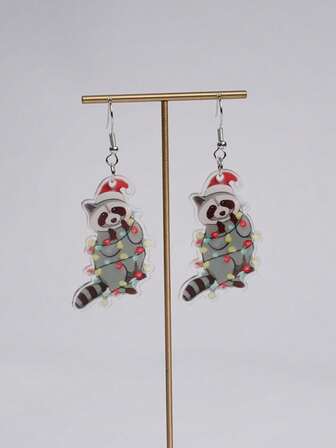 1 Pair 2D Christmas Acrylic Cute Raccoon Cartoon Earrings, Suitable For Women To Wear During Christmas, Perfect Christmas Gift
