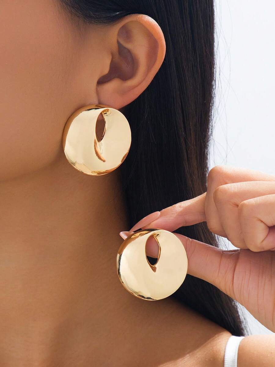 一对不对称几何超大球形金属质感耳钉 - 金黃色 - 查看 1