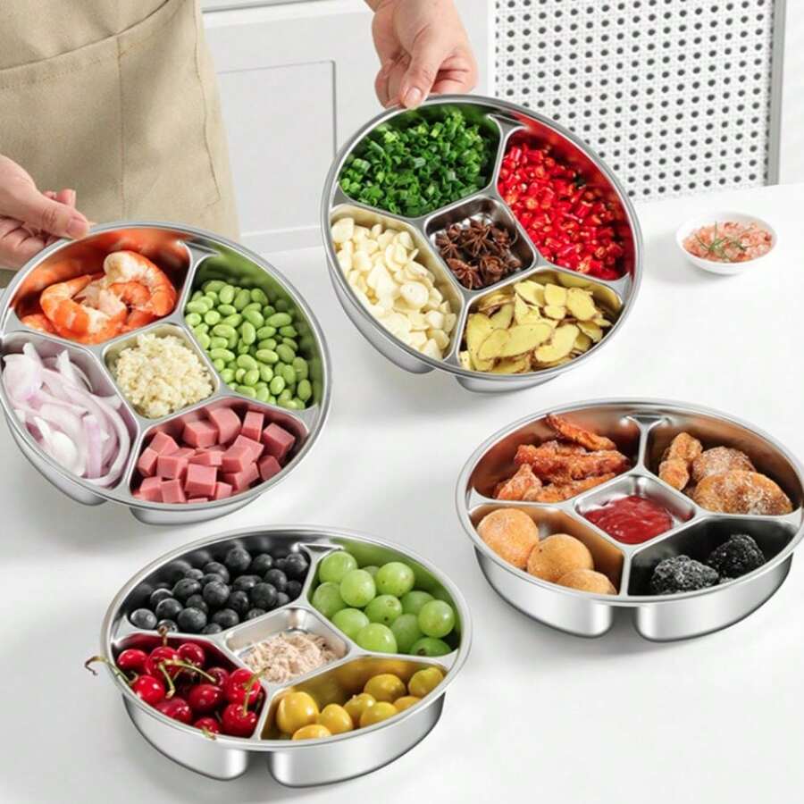 Food Dipping Plate 304 Stainless Steel Kitchen Food Preparation Tray 5 Grid Fall-Resistant Dinner Plate Round Snack Tray Fruit - Multicolor - View 1