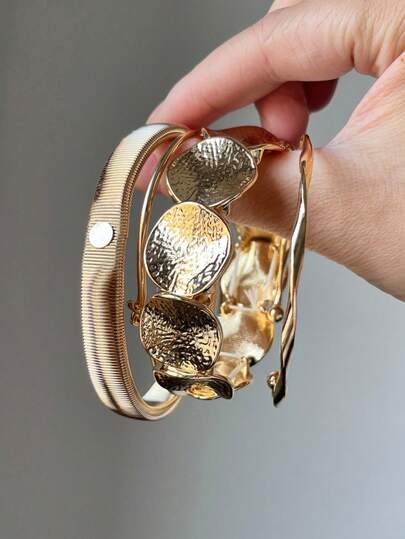 4件套金属几何开口圆环手镯，简约设计，奢华质感，适合女性日常佩戴，可作为礼物送给朋友/家人