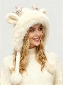 Gorro feminino de inverno com pompom e amarração na cabeça, estilo coreano, versátil, com orelhas de veado, grosso e acolchoado, ideal para o inverno.