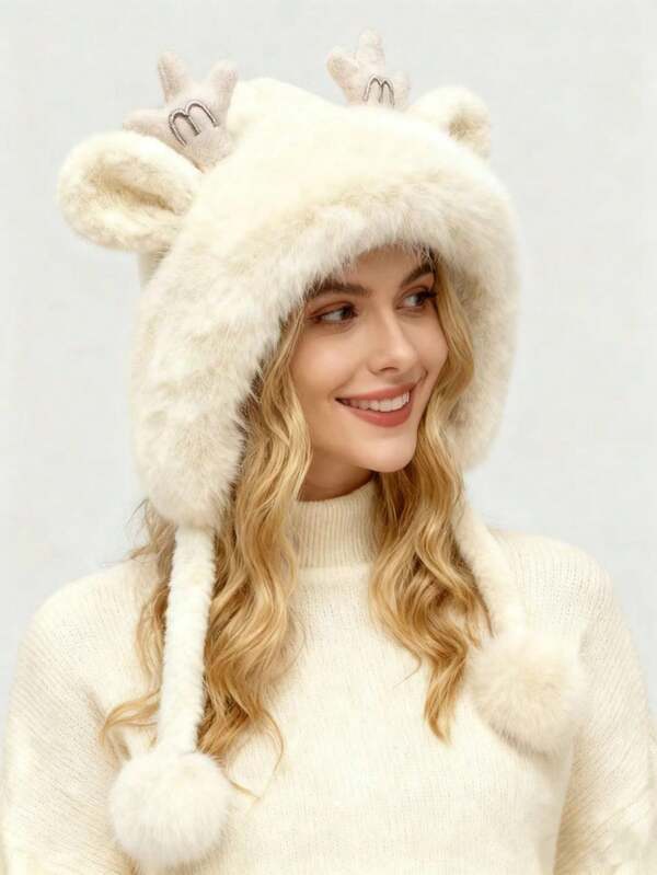 Gorro feminino de inverno com pompom e amarração na cabeça, estilo coreano, versátil, com orelhas de veado, grosso e acolchoado, ideal para o inverno.