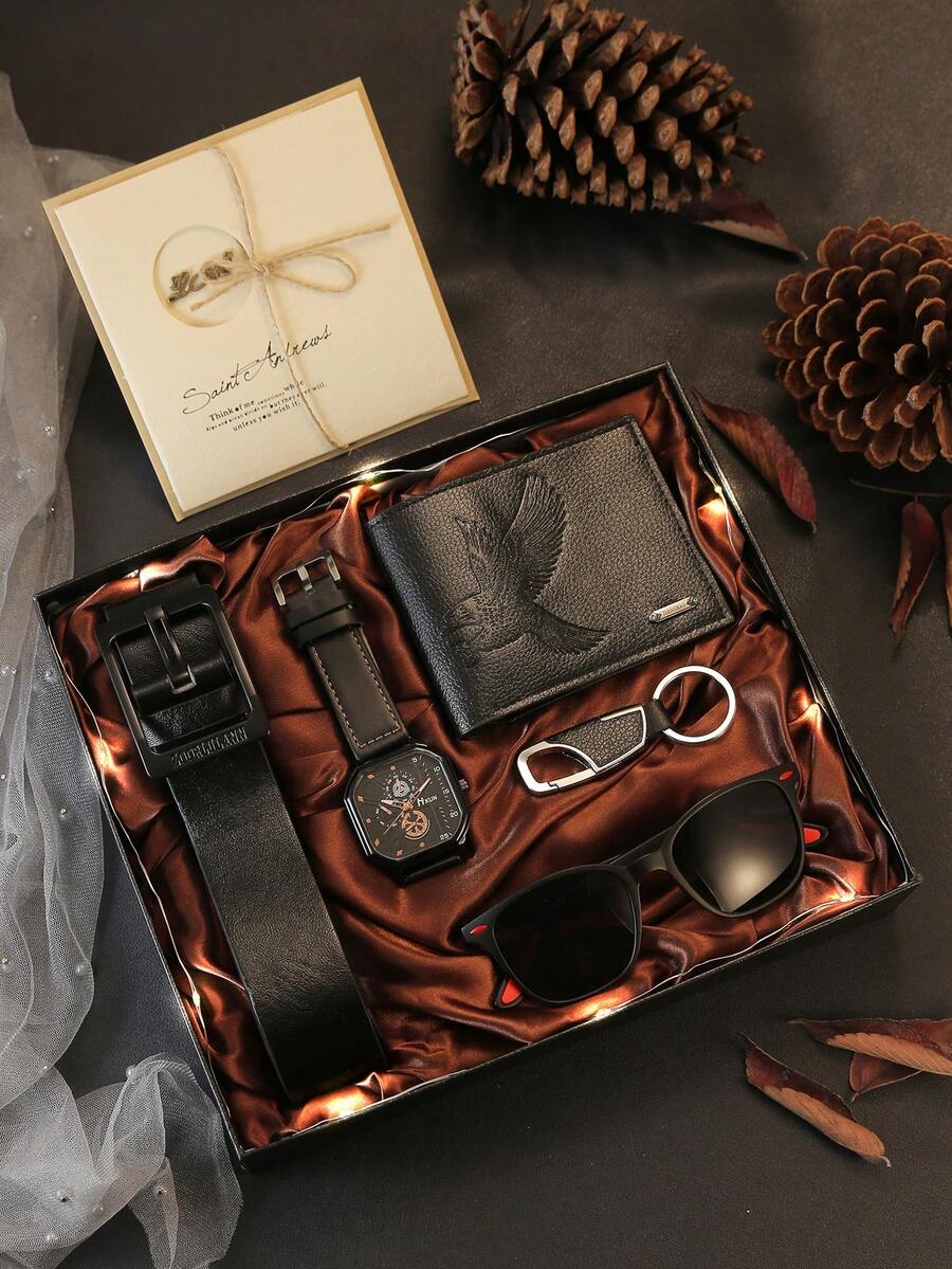 7pcs Men's Business Style Gift Set: Belt, Wallet, Keychain, Watch, Sunglasses, Mood Light, Greeting Card - Perfect Christmas, Valentine's Day, Birthday Gift For Him - Black - View 1