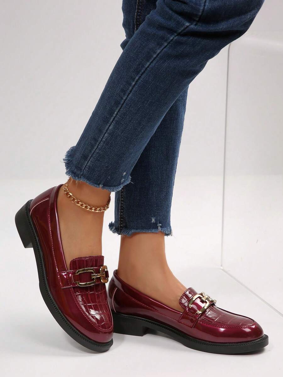 Women's Thick Sole Black Loafers, Comfortable Work Shoes, Soft Bottom, British Style, Suitable For Spring, Autumn, Summer - Burgundy Buckle - View 1