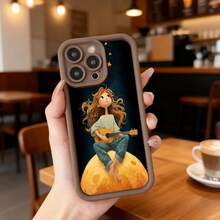 Cubierta de teléfono con diseño de chica tocando guitarra sobre la luna color negro estampado de chica con guitarra y luna para uso diario en cafeterías Aplicable a los teléfonos de la serie Apple y Galaxy - Café integral - Ver 7