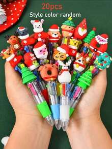 20pcs/Set Christmas Multicolor Ballpoint Pens, 4-In-1, 0.7mm Retractable Tip, Cartoon Cute & Fun Design, Suitable For Santa Claus, Snowman Themes, Ideal For Holiday Parties, School Supplies, Student Rewards - Multicolor - View 9