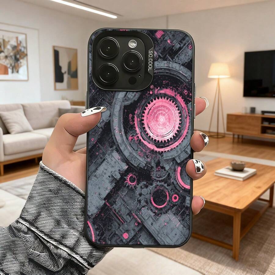 Cubierta de teléfono con diseño futurista negro con detalles en rosa y patrones mecánicos para uso diario en interiores Aplicable a teléfonos Apple y Galaxy. - Negro - Ver 1