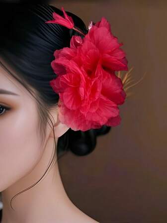 1 Piece Elegant Green Bamboo Floral Design Hair Clip, 15 Cm Long Chinese Hair Accessory, Spring And Summer Style; Red Silk Fabric Petal Bamboo Shape Suitable For Hanfu With Tassels, Cheongsam