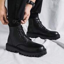 High-Top  Boots, British Style Mid-Top Leather Boots - Black - View 11